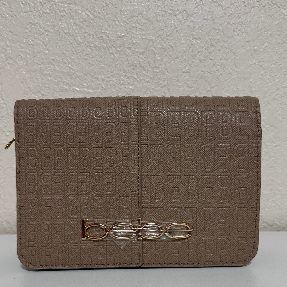Bebe Beige Embossed Clutch with Gold Accents